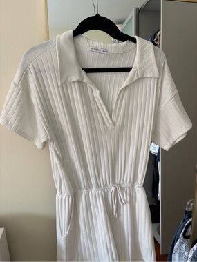 White Ribbed Short-Sleeve Jumpsuit